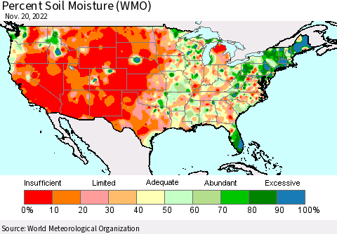 United States Percent Soil Moisture (WMO) Thematic Map For 11/16/2022 - 11/20/2022