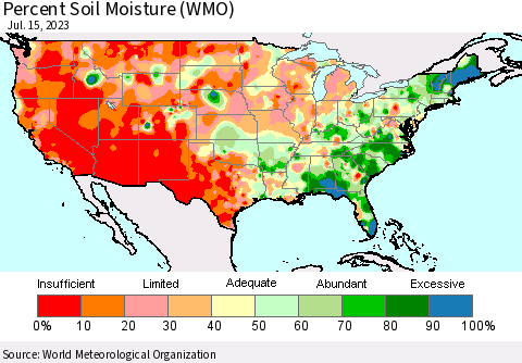 United States Percent Soil Moisture (WMO) Thematic Map For 7/11/2023 - 7/15/2023