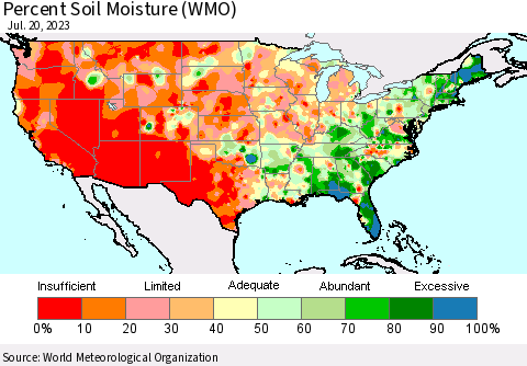 United States Percent Soil Moisture (WMO) Thematic Map For 7/16/2023 - 7/20/2023
