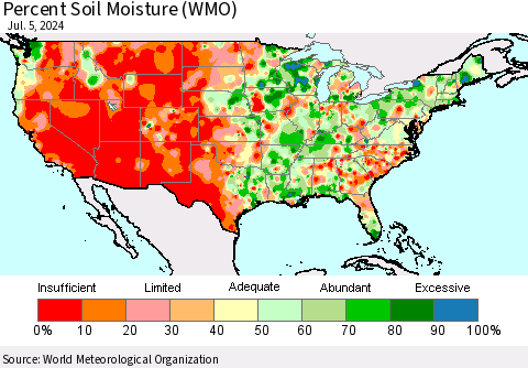United States Percent Soil Moisture (WMO) Thematic Map For 7/1/2024 - 7/5/2024