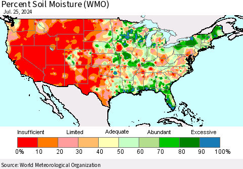 United States Percent Soil Moisture (WMO) Thematic Map For 7/21/2024 - 7/25/2024