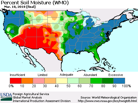 United States Percent Soil Moisture (WMO) Thematic Map For 3/12/2018 - 3/18/2018