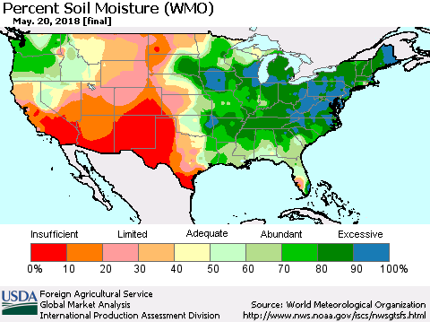 United States Percent Soil Moisture (WMO) Thematic Map For 5/14/2018 - 5/20/2018