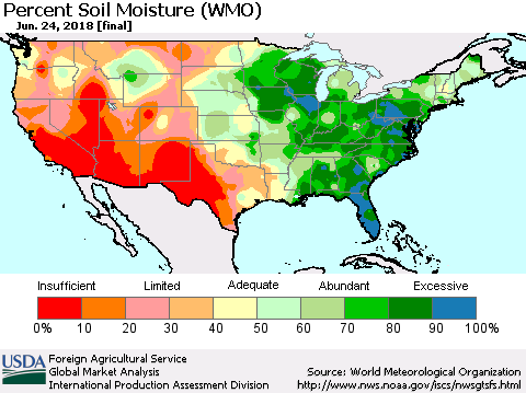United States Percent Soil Moisture (WMO) Thematic Map For 6/18/2018 - 6/24/2018