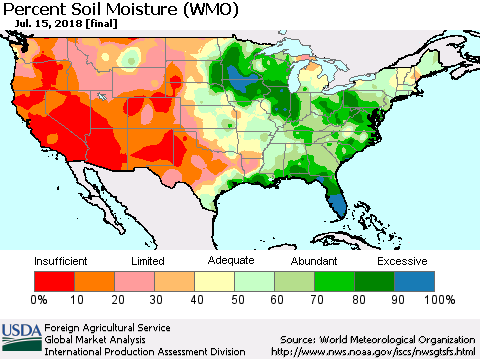 United States Percent Soil Moisture (WMO) Thematic Map For 7/9/2018 - 7/15/2018