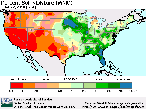 United States Percent Soil Moisture (WMO) Thematic Map For 7/16/2018 - 7/22/2018