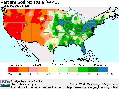 United States Percent Soil Moisture (WMO) Thematic Map For 9/10/2018 - 9/16/2018