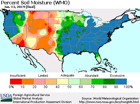 United States Percent Soil Moisture (WMO) Thematic Map For 1/7/2019 - 1/13/2019