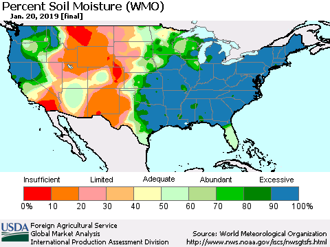 United States Percent Soil Moisture (WMO) Thematic Map For 1/14/2019 - 1/20/2019