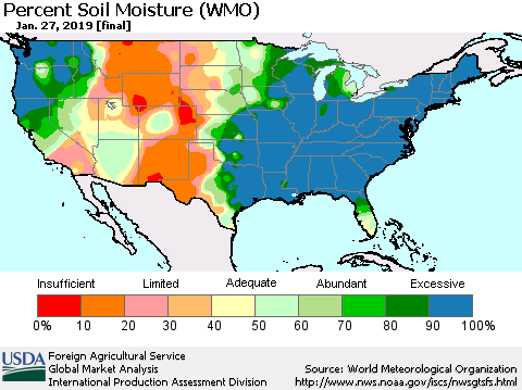 United States Percent Soil Moisture (WMO) Thematic Map For 1/21/2019 - 1/27/2019
