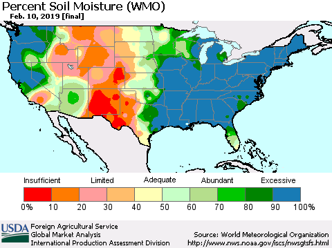 United States Percent Soil Moisture (WMO) Thematic Map For 2/4/2019 - 2/10/2019