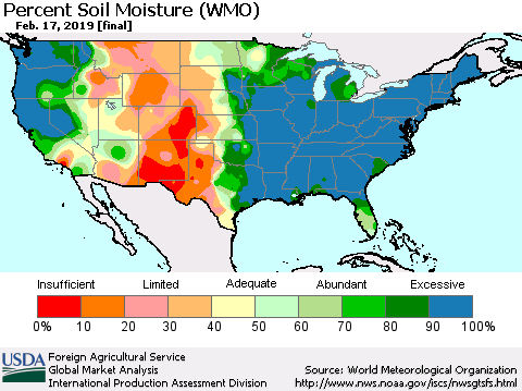 United States Percent Soil Moisture (WMO) Thematic Map For 2/11/2019 - 2/17/2019