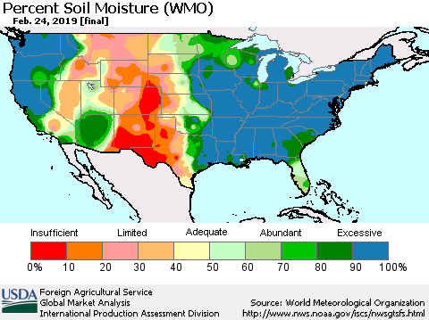 United States Percent Soil Moisture (WMO) Thematic Map For 2/18/2019 - 2/24/2019