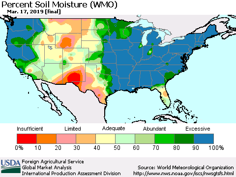 United States Percent Soil Moisture (WMO) Thematic Map For 3/11/2019 - 3/17/2019