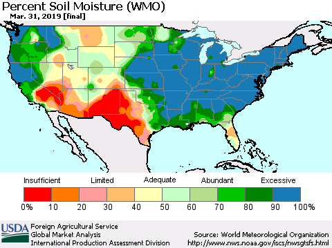 United States Percent Soil Moisture (WMO) Thematic Map For 3/25/2019 - 3/31/2019