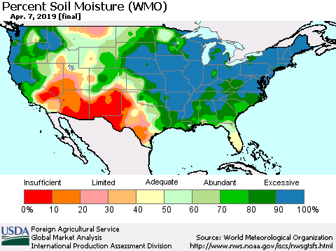 United States Percent Soil Moisture (WMO) Thematic Map For 4/1/2019 - 4/7/2019