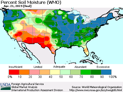United States Percent Soil Moisture (WMO) Thematic Map For 4/15/2019 - 4/21/2019