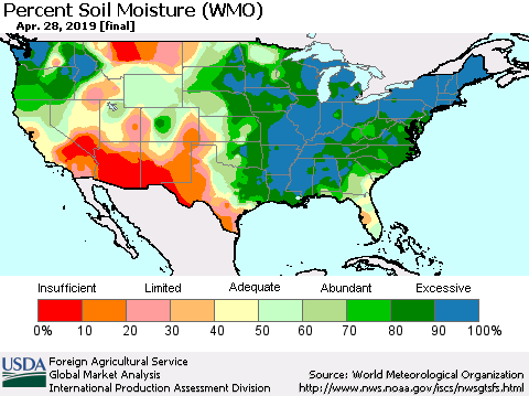 United States Percent Soil Moisture (WMO) Thematic Map For 4/22/2019 - 4/28/2019