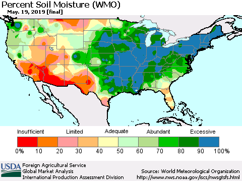 United States Percent Soil Moisture (WMO) Thematic Map For 5/13/2019 - 5/19/2019