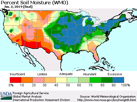 United States Percent Soil Moisture (WMO) Thematic Map For 5/27/2019 - 6/2/2019