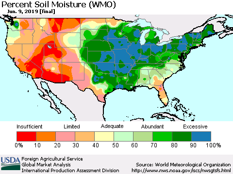 United States Percent Soil Moisture (WMO) Thematic Map For 6/3/2019 - 6/9/2019
