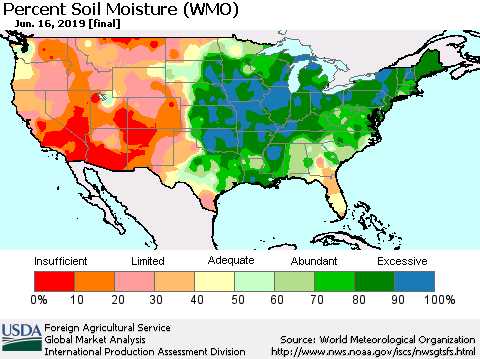 United States Percent Soil Moisture (WMO) Thematic Map For 6/10/2019 - 6/16/2019