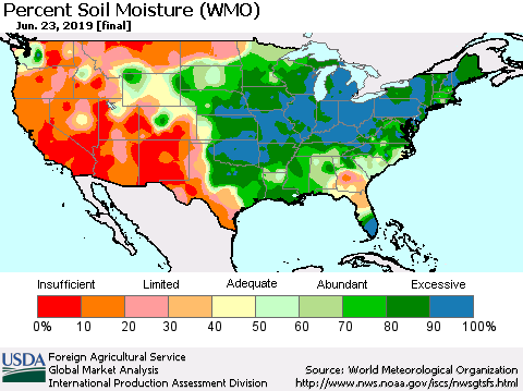 United States Percent Soil Moisture (WMO) Thematic Map For 6/17/2019 - 6/23/2019