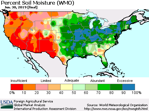 United States Percent Soil Moisture (WMO) Thematic Map For 6/24/2019 - 6/30/2019