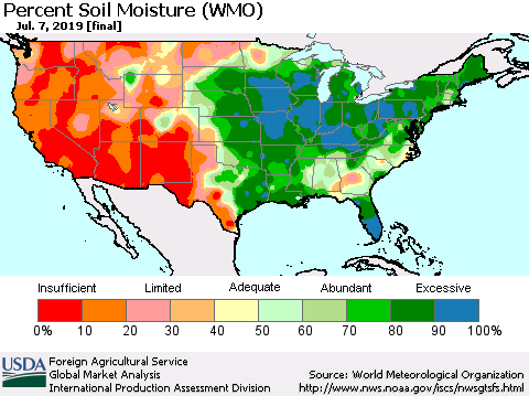 United States Percent Soil Moisture (WMO) Thematic Map For 7/1/2019 - 7/7/2019