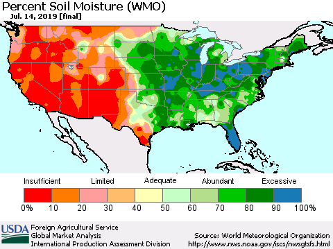United States Percent Soil Moisture (WMO) Thematic Map For 7/8/2019 - 7/14/2019
