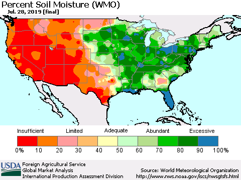 United States Percent Soil Moisture (WMO) Thematic Map For 7/22/2019 - 7/28/2019