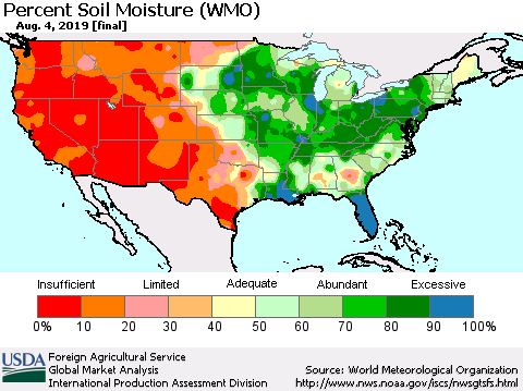 United States Percent Soil Moisture (WMO) Thematic Map For 7/29/2019 - 8/4/2019