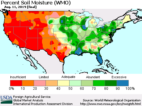 United States Percent Soil Moisture (WMO) Thematic Map For 8/5/2019 - 8/11/2019