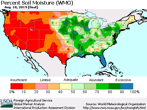 United States Percent Soil Moisture (WMO) Thematic Map For 8/12/2019 - 8/18/2019