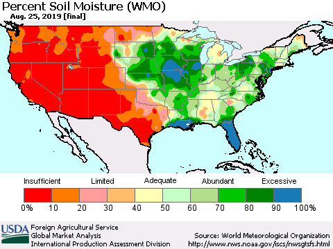 United States Percent Soil Moisture (WMO) Thematic Map For 8/19/2019 - 8/25/2019