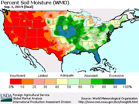 United States Percent Soil Moisture (WMO) Thematic Map For 8/26/2019 - 9/1/2019