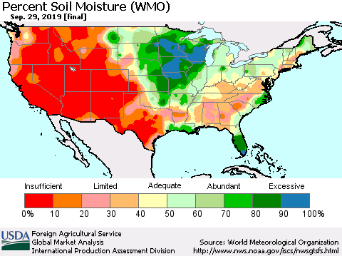 United States Percent Soil Moisture (WMO) Thematic Map For 9/23/2019 - 9/29/2019