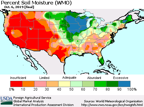 United States Percent Soil Moisture (WMO) Thematic Map For 9/30/2019 - 10/6/2019
