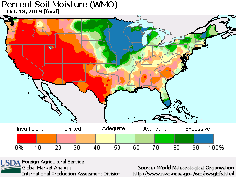 United States Percent Soil Moisture (WMO) Thematic Map For 10/7/2019 - 10/13/2019