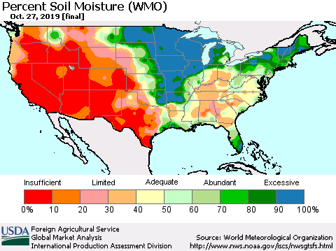 United States Percent Soil Moisture (WMO) Thematic Map For 10/21/2019 - 10/27/2019