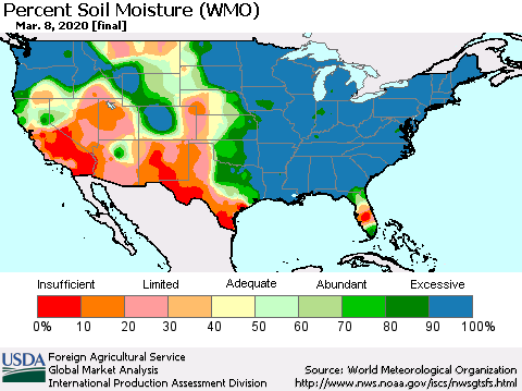 United States Percent Soil Moisture (WMO) Thematic Map For 3/2/2020 - 3/8/2020