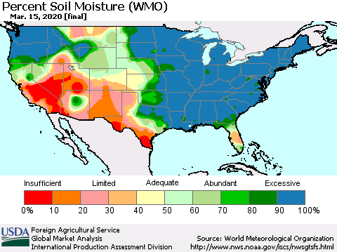 United States Percent Soil Moisture (WMO) Thematic Map For 3/9/2020 - 3/15/2020