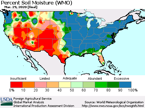 United States Percent Soil Moisture (WMO) Thematic Map For 3/23/2020 - 3/29/2020