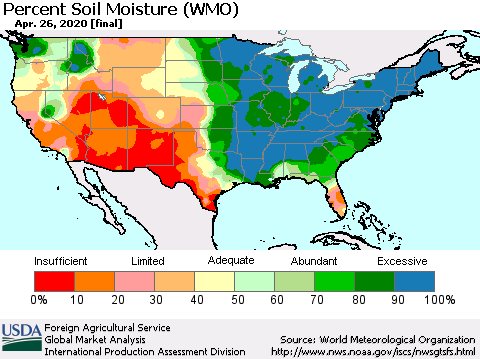 United States Percent Soil Moisture (WMO) Thematic Map For 4/20/2020 - 4/26/2020