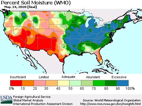 United States Percent Soil Moisture (WMO) Thematic Map For 5/18/2020 - 5/24/2020