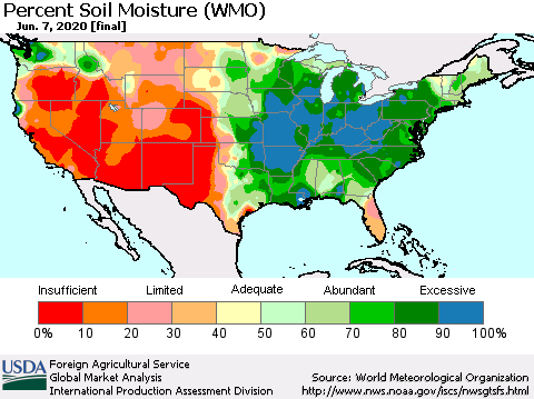 United States Percent Soil Moisture (WMO) Thematic Map For 6/1/2020 - 6/7/2020