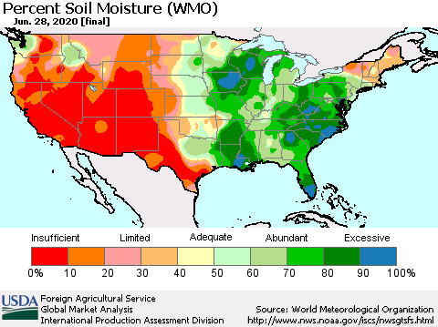 United States Percent Soil Moisture (WMO) Thematic Map For 6/22/2020 - 6/28/2020
