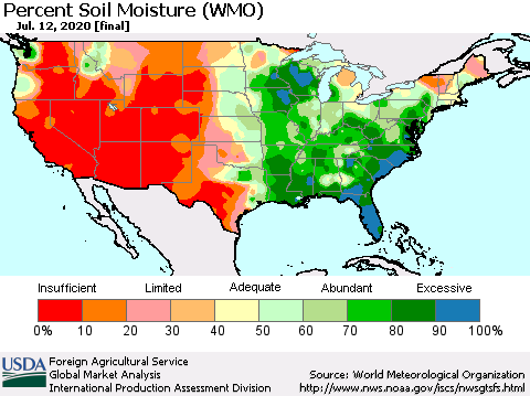 United States Percent Soil Moisture (WMO) Thematic Map For 7/6/2020 - 7/12/2020