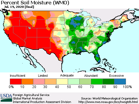 United States Percent Soil Moisture (WMO) Thematic Map For 7/13/2020 - 7/19/2020