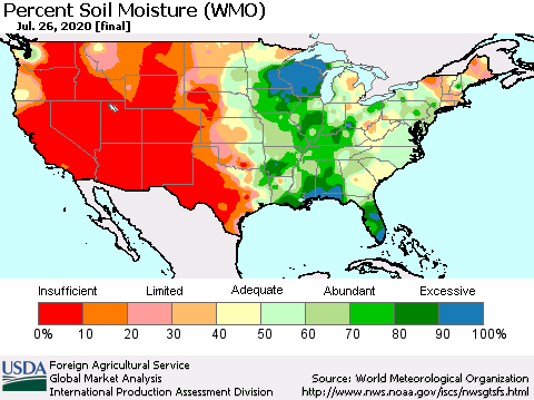 United States Percent Soil Moisture (WMO) Thematic Map For 7/20/2020 - 7/26/2020